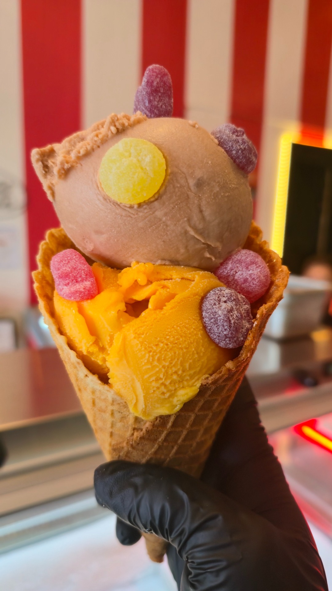 Double scoop waffle cone with candy