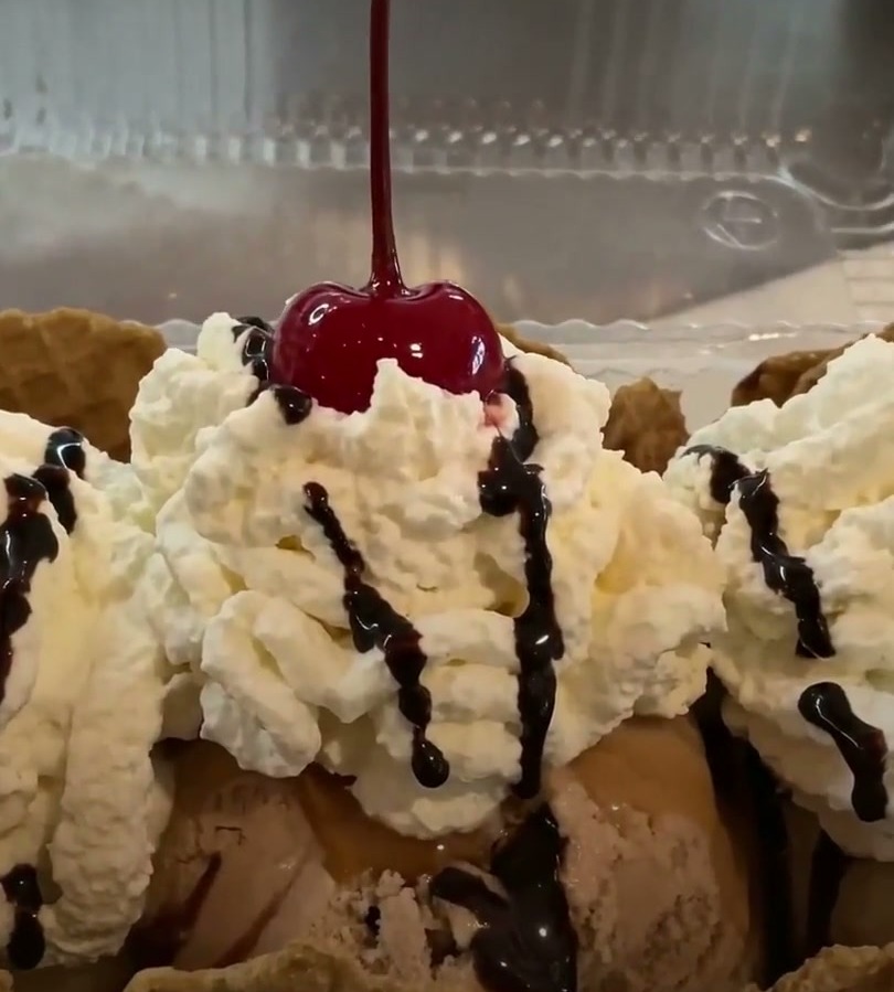Ice Cream Nachos — waffle-cone chips, whipped cream, chocolate drizzle, cherry